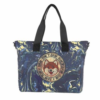 Dames grote schoudertas / shopper tas met Shiba Inu hond - blauw / multi