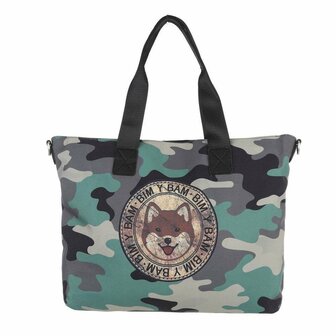 Dames grote schoudertas / shopper tas met Shiba Inu hond - groen legerprint