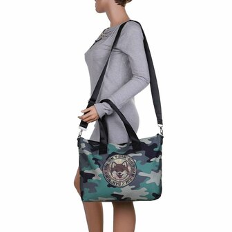 Dames grote schoudertas / shopper tas met Shiba Inu hond - groen legerprint