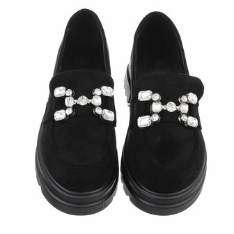 Dames loafers / lage instappers met strass - zwart