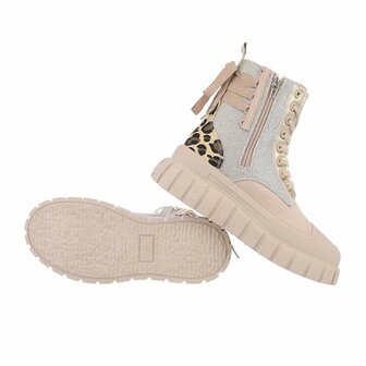 Dames enkellaarzen / veterboots met panterprint - beige glitter