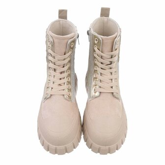 Dames enkellaarzen / veterboots met panterprint - beige glitter