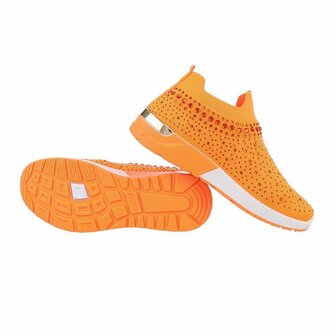 Dames instap sneakers / slip-on instappers met strass - oranje