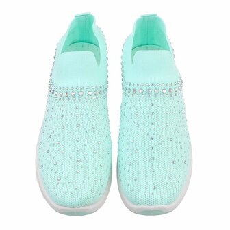 Dames instap sneakers / slip-on instappers met strass - licht turquoise / aqua