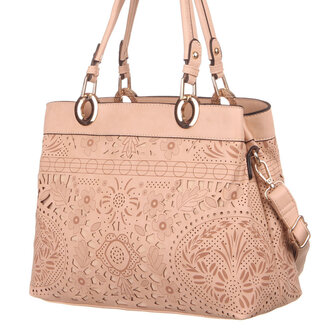 Dames tas / handtas middelgroot met bloemen - beige