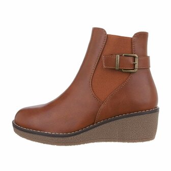 Dames wedge enkellaazen / laarsjes met sleehakken - camel bruin