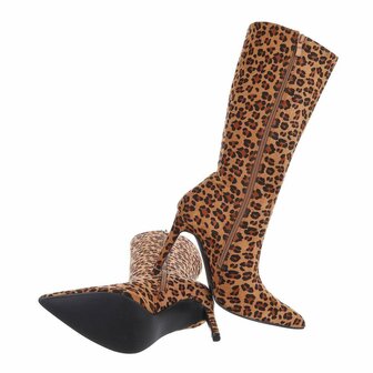 Dames hoge laarzen / kuitlaarzen high heels met panterprint - bruin