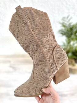 Dames cowboy laarzen / halfhoge western laarzen met glitter strass - lichtbruin khaki