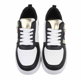 Dames sneakers / lage gympen met panterprint - zwart / wit