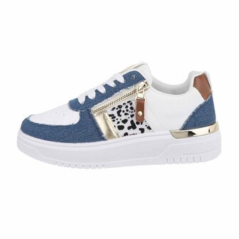 Dames sneakers / lage gympen met panterprint - denim blauw / wit