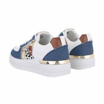 Dames sneakers / lage gympen met panterprint - denim blauw / wit