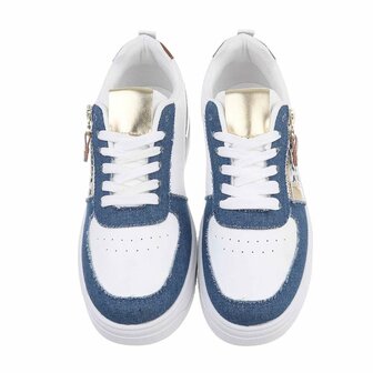 Dames sneakers / lage gympen met panterprint - denim blauw / wit