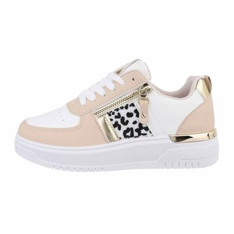 Dames sneakers / lage gympen met panterprint - roze / wit