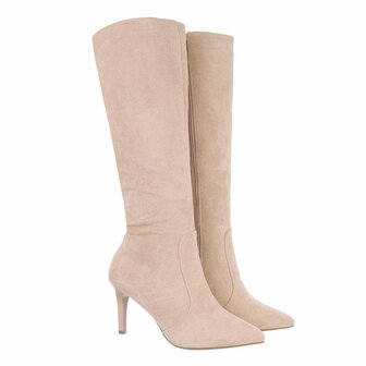 Dames hoge laarzen / high heels knielaarzen su&egrave;de-look - beige