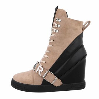 Dames wedge sneakers met sleehakken - lichtbruin / zwart