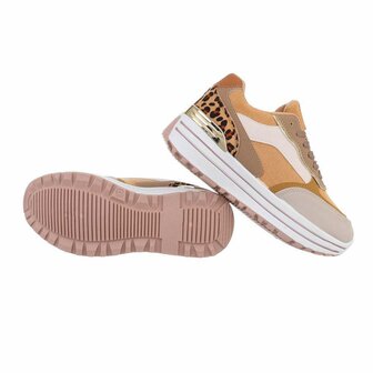 Dames sneakers met plateauzolen en panterprint - camel / oker geel