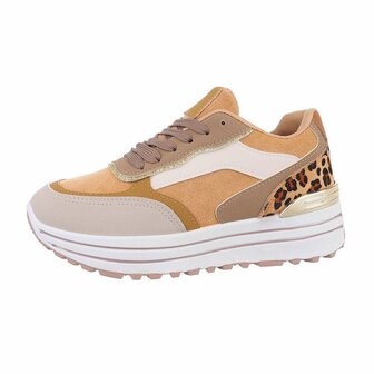 Dames sneakers met plateauzolen en panterprint - camel / oker geel