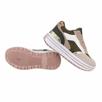 Dames sneakers met plateauzolen en panterprint - leger groen / beige