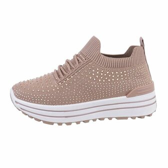 Dames instap sneakers / slip-on instappers met strass - bruin khaki