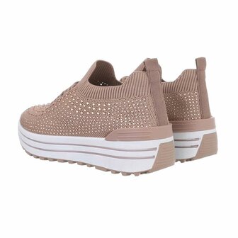 Dames instap sneakers / slip-on instappers met strass - bruin khaki