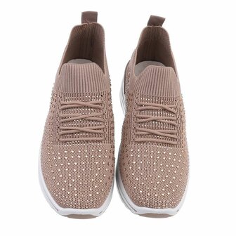 Dames instap sneakers / slip-on instappers met strass - bruin khaki