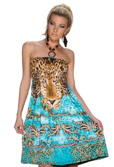 Dames halflange jurk met panterprint - blauw / bruin