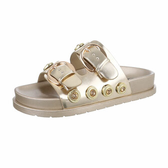 Dames slippers met gespen en strass - goud