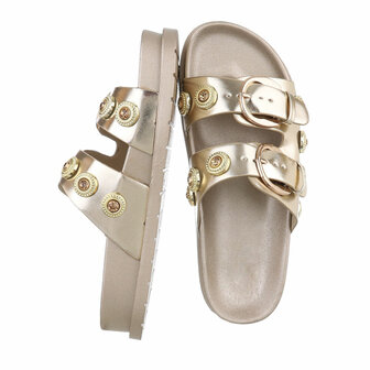 Dames slippers met gespen en strass - goud