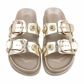 Dames slippers met gespen en strass - goud