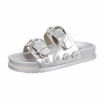 Dames slippers met gespen en strass - zilver