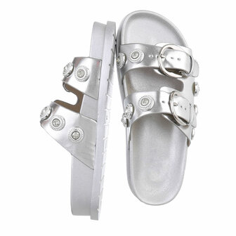 Dames slippers met gespen en strass - zilver