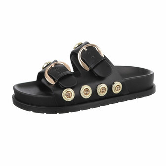 Dames slippers met gespen en strass - zwart