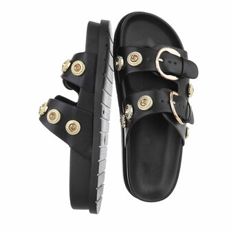 Dames slippers met gespen en strass - zwart