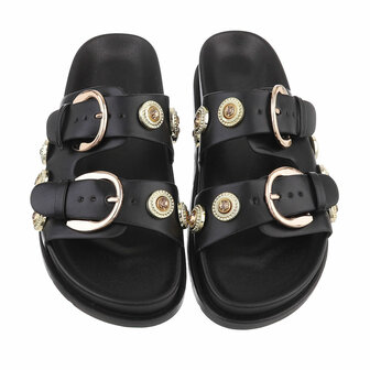 Dames slippers met gespen en strass - zwart