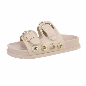Dames slippers met gespen en strass - beige