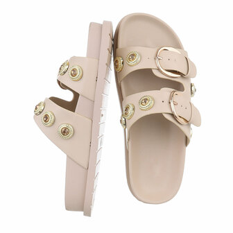 Dames slippers met gespen en strass - beige