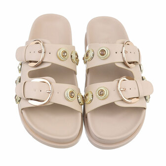Dames slippers met gespen en strass - beige