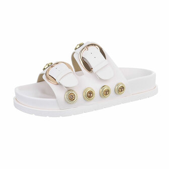 Dames slippers met gespen en strass - wit