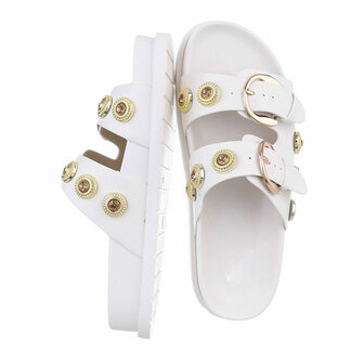 Dames slippers met gespen en strass - wit