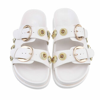 Dames slippers met gespen en strass - wit
