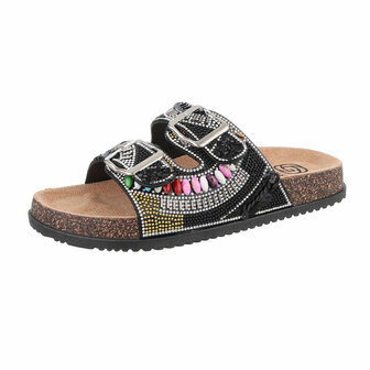 Dames slippers met kralen en strass - zwart