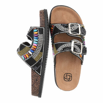 Dames slippers met kralen en strass - zwart