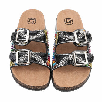 Dames slippers met kralen en strass - zwart