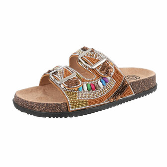 Dames slippers met kralen en strass - camel bruin