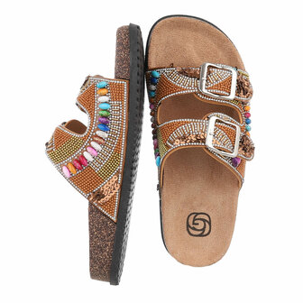 Dames slippers met kralen en strass - camel bruin