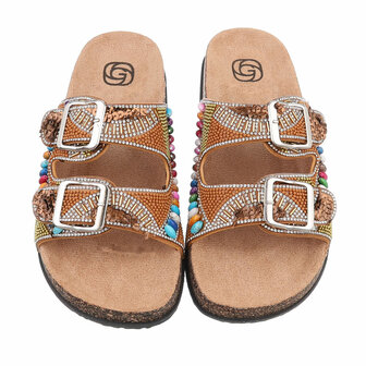 Dames slippers met kralen en strass - camel bruin