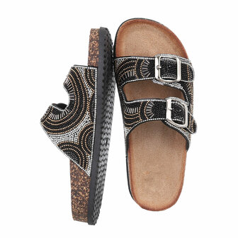 Dames slippers met kralen en strass - zwart