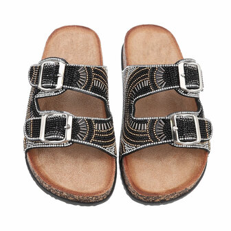 Dames slippers met kralen en strass - zwart