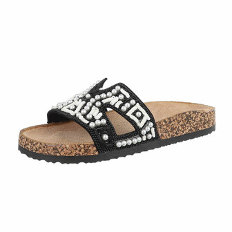 Dames slippers met parels en kralen - zwart