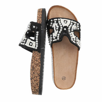 Dames slippers met parels en kralen - zwart